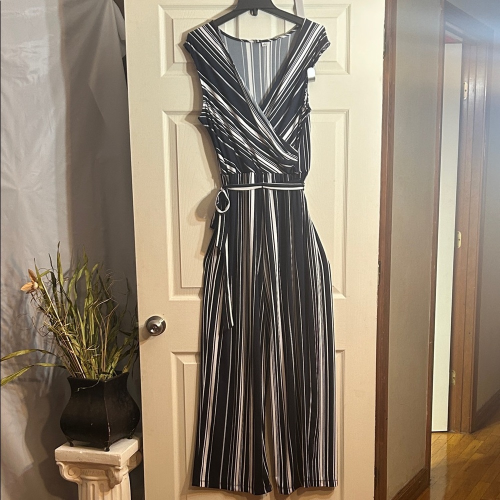 Emma & Michele - Navy and White Sleeveless Striped Jumpsuit - Event Ready